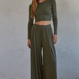 Olive Green Wide Leg Pants with Pockets