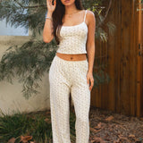 LYNN Floral Print Pointelle Soft High Waist Lace Trim Pants