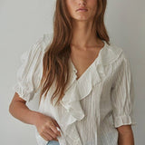 Off White Woven Cotton Buttondown V-Neck Short Sleeve Top