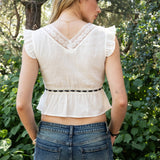 REVENE Deep V Neck Lace Trim Cropped Peplum Blouse Top