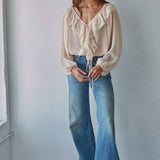 Soft Blush Woven Chiffon Long Sleeve Ruffle Top