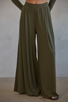 Olive Green Wide Leg Pants with Pockets