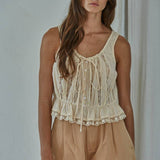 Woven Cotton Sleeveless Lace Trim Button Up Top