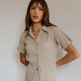 Beige Short Sleeve Button Up Top