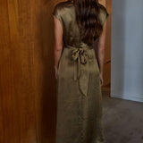 Olive Gold Woven Satin Cross Front Tie Strap Maxi