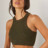 Olive Cropped Knit Halter Top