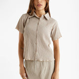 Beige Short Sleeve Button Up Top