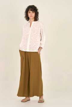 Brown Olive Raw Edge Trim Solid Gauze Pant