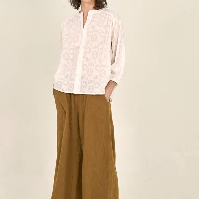 Brown Olive Raw Edge Trim Solid Gauze Pant