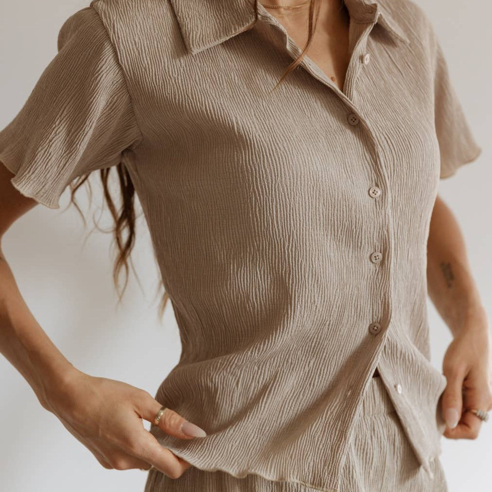 Beige Short Sleeve Button Up Top