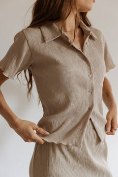 Beige Short Sleeve Button Up Top (40% OFF)