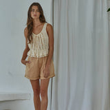 Woven Cotton Sleeveless Lace Trim Button Up Top