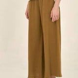 Brown Olive Raw Edge Trim Solid Gauze Pant