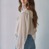 Soft Blush Woven Chiffon Long Sleeve Ruffle Top