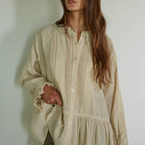 Woven Cotton Long Sleeve Round Neck Button Down Tuni