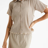 Beige Short Sleeve Button Up Top