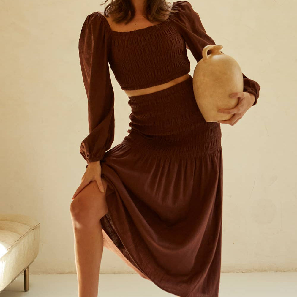 Brown Linen Two Piece Skirt Set