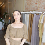 Ozma Georgia Off Shoulder Raw Silk Brown Crop Top (Top SIZE XS) & Ozma Brown Crop Flared Raw Silk Pull on Pants (PANTS SIZE MEDIUM) PRELOVED