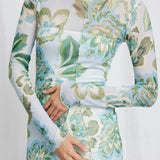 Significant Other Mint Green Jean Mock Neck Midi dress in Floral Print SIZE 4 [PRELOVED]