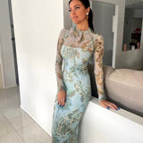 Significant Other Mint Green Jean Mock Neck Midi dress in Floral Print SIZE 4 [PRELOVED]