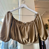 Ozma Georgia Off Shoulder Raw Silk Brown Crop Top (Top SIZE XS) & Ozma Brown Crop Flared Raw Silk Pull on Pants (PANTS SIZE MEDIUM) PRELOVED