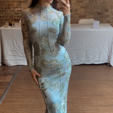 Significant Other Mint Green Jean Mock Neck Midi dress in Floral Print SIZE 4 [PRELOVED]