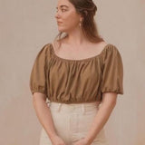 Ozma Georgia Off Shoulder Raw Silk Brown Crop Top (Top SIZE XS) & Ozma Brown Crop Flared Raw Silk Pull on Pants (PANTS SIZE MEDIUM) PRELOVED