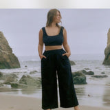 OZMA Black Raw Silk Cropped Square-Neck Tank Top (Top SIZE MEDIUM) & Ozma Black  Crop Flared Raw Silk Pull on Pants (Size MED) [PRELOVED]