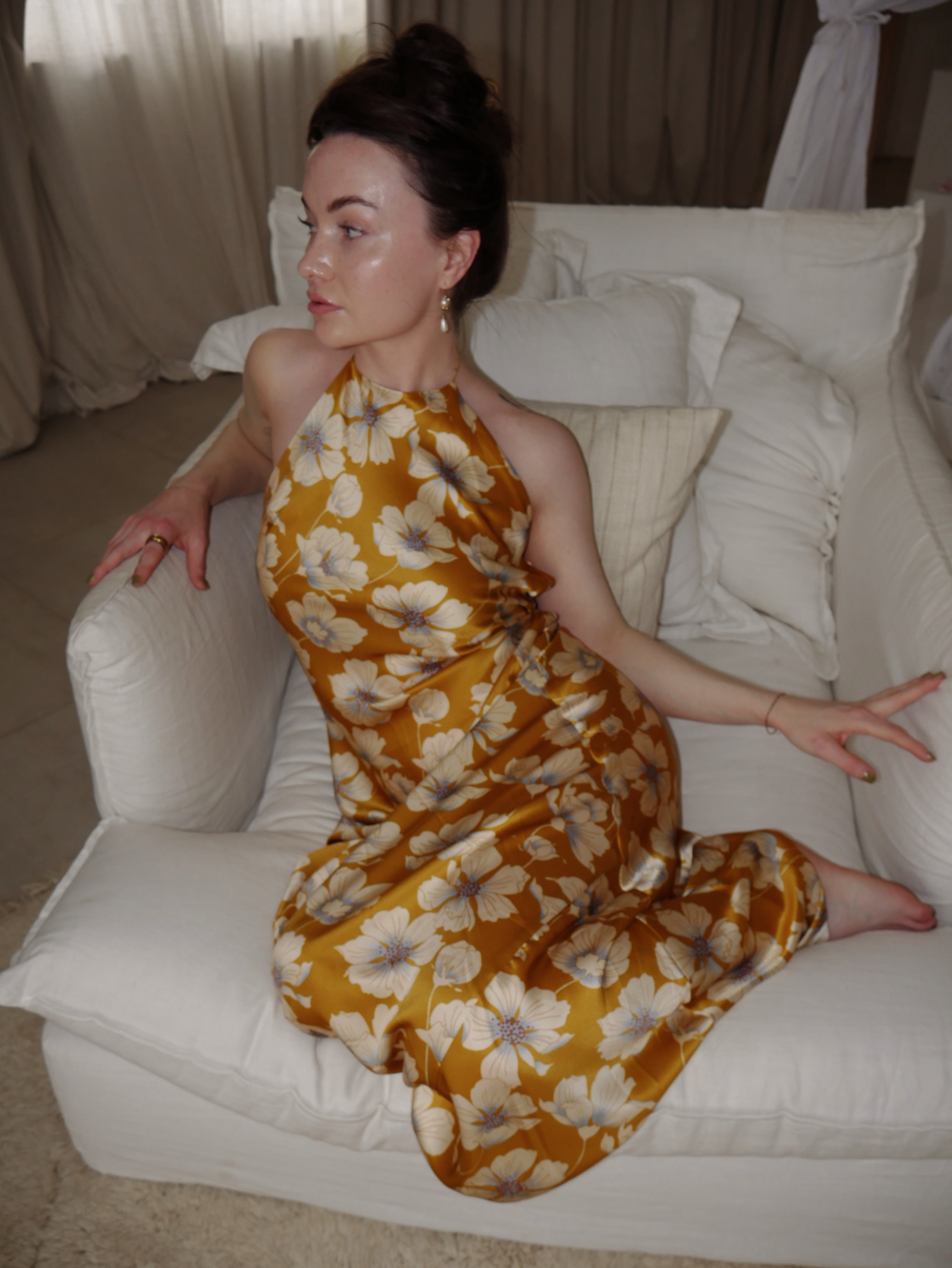 jeany silk dress mango Reformation Jeany Silk Halter Neck Column Maxi Dress Turmeric NEW with tags