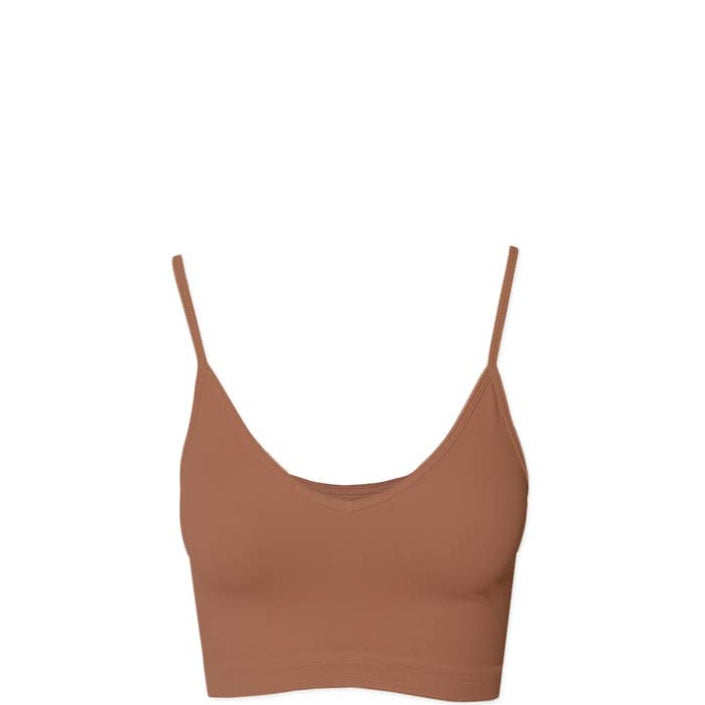 Cognac Ribbed V Neck Crop Tank