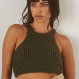 Olive Cropped Knit Halter Top