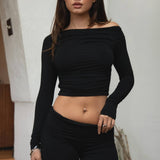 JOLINA Boat Neckline Basic Casual Lounge Long Sleeve Top