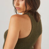 Olive Cropped Knit Halter Top