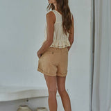 Woven Cotton Sleeveless Lace Trim Button Up Top