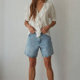 Off White Woven Cotton Buttondown V-Neck Short Sleeve Top