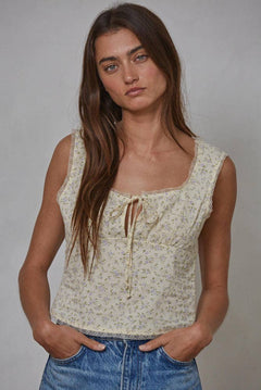 Woven Cotton Floral Print Square Neck Sleeveless Top