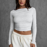 JOLINA Boat Neckline Basic Casual Lounge Long Sleeve Top