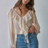 Soft Blush Woven Chiffon Long Sleeve Ruffle Top
