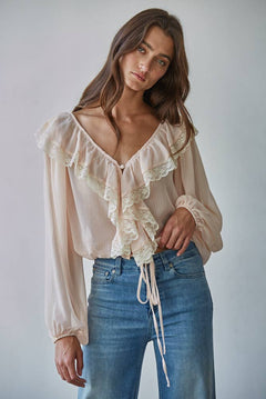Soft Blush Woven Chiffon Long Sleeve Ruffle Top