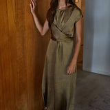 Olive Gold Woven Satin Cross Front Tie Strap Maxi