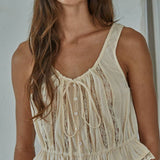 Woven Cotton Sleeveless Lace Trim Button Up Top