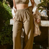 Ozma Georgia Off Shoulder Raw Silk Brown Crop Top (Top SIZE XS) & Ozma Brown Crop Flared Raw Silk Pull on Pants (PANTS SIZE MEDIUM) PRELOVED