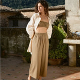 Ozma Georgia Off Shoulder Raw Silk Brown Crop Top (Top SIZE XS) & Ozma Brown Crop Flared Raw Silk Pull on Pants (PANTS SIZE MEDIUM) PRELOVED