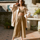 Ozma Georgia Off Shoulder Raw Silk Brown Crop Top (Top SIZE XS) & Ozma Brown Crop Flared Raw Silk Pull on Pants (PANTS SIZE MEDIUM) PRELOVED